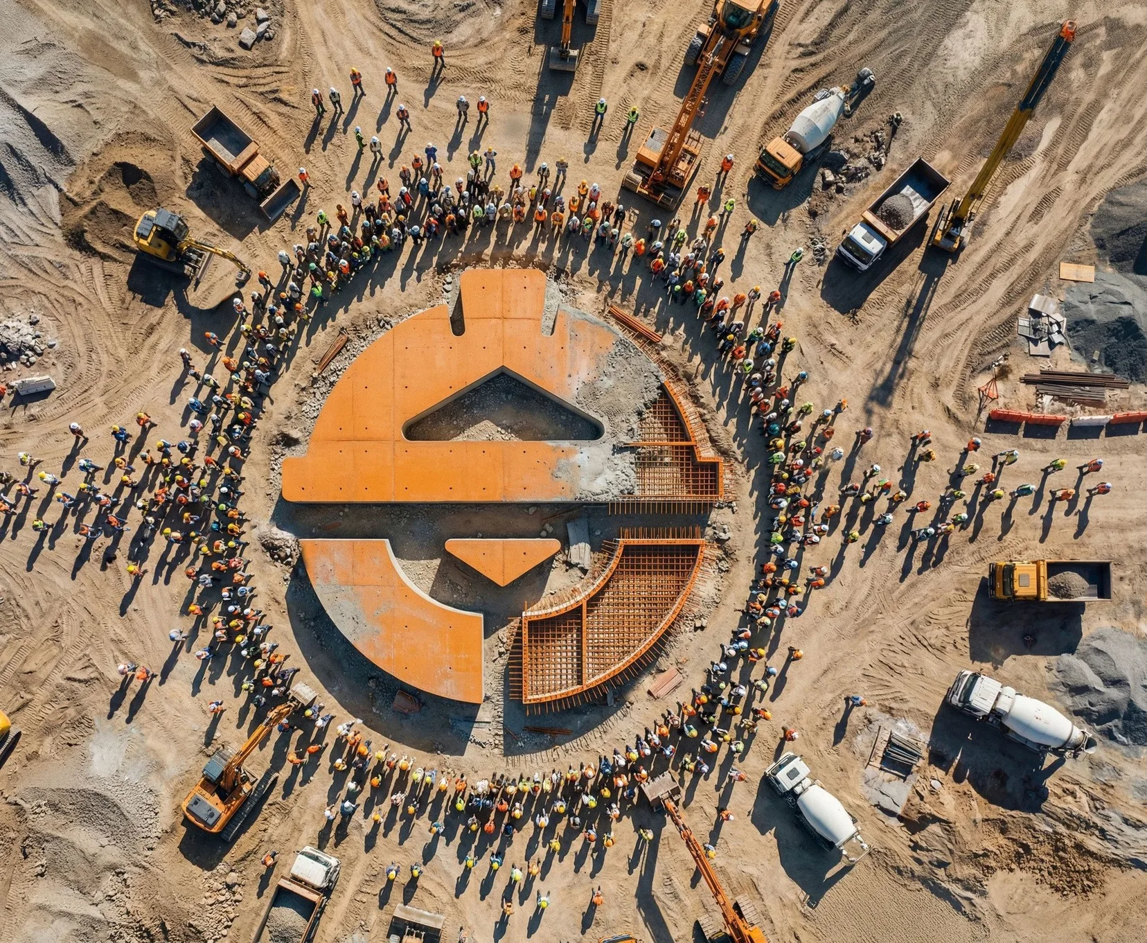 Vista aérea de una obra con el logotipo de Encuentro Constructor formado en el terreno